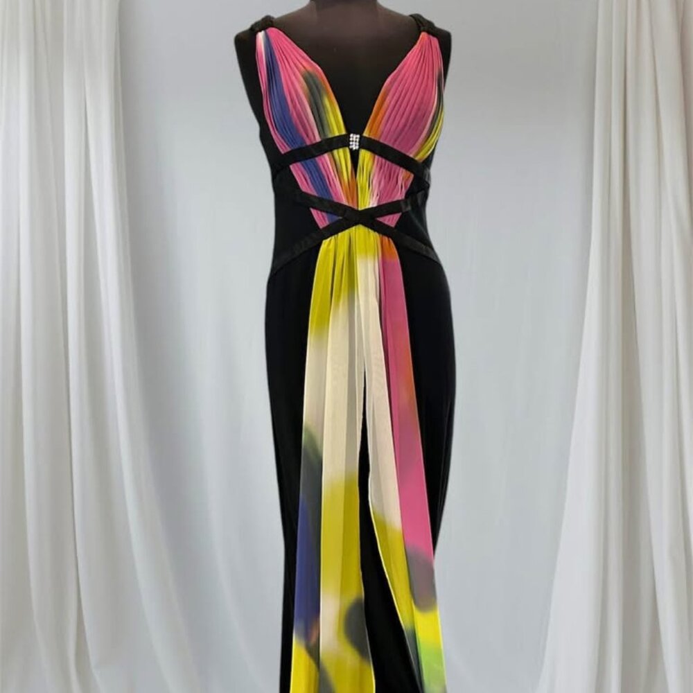 Black Formal Dress with Colorful Scarf Front